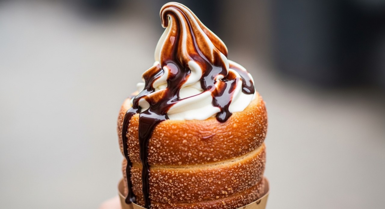 Satu kon roti chimney yang diisi dengan ais krim vanila dan limpahan sos coklat.