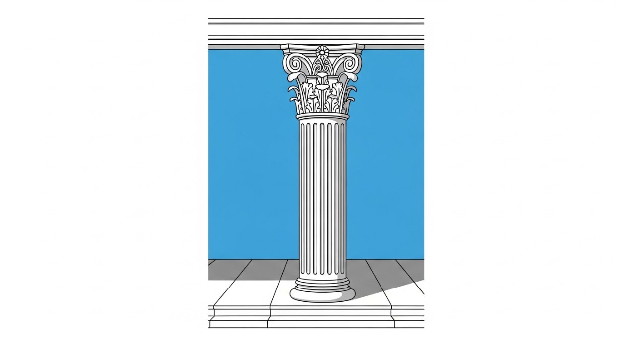 Tiang roman putih dengan motif klasik yang dipasang pada bahagian hadapan rumah.