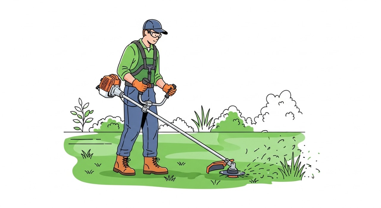 Seorang lelaki sedang mengendalikan mesin pemotong rumput untuk merapikan halaman rumah yang luas.