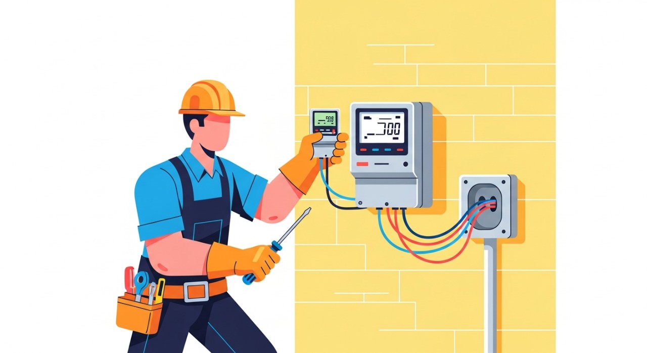 Seorang juruelektrik sedang memasang meter elektrik digital pada dinding luar sebuah rumah