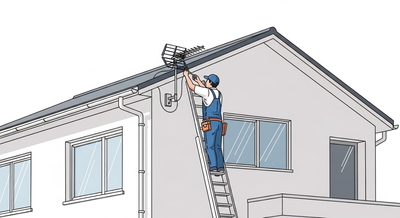 Seorang juruteknik sedang memasang antena televisyen digital pada bahagian luar dinding rumah.