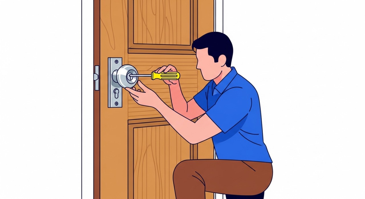 Seorang tukang sedang memasang tombol pintu kayu menggunakan pemutar skru