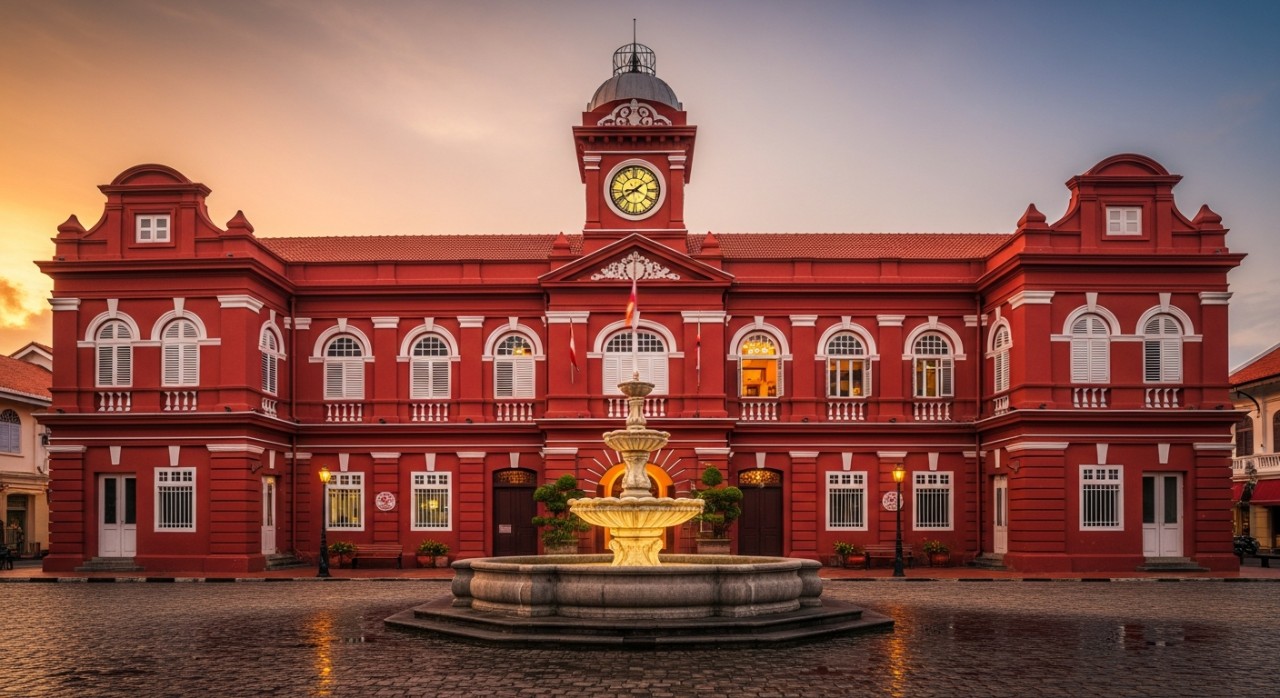 Bangunan ikonik Stadthuys yang berwarna merah dengan menara jam di pusat bandar Melaka.
