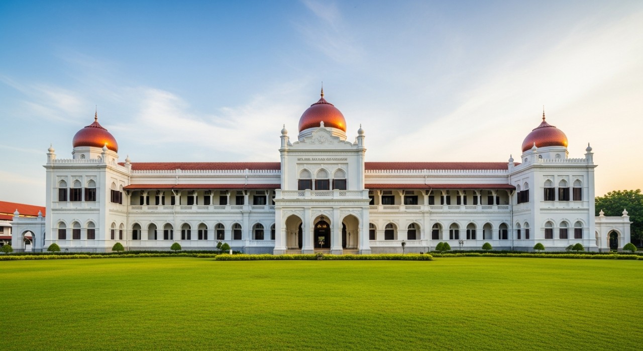 Pemandangan hadapan bangunan Muzium Sultan Abu Bakar yang mempunyai seni bina kolonial di Pekan, Pahang.