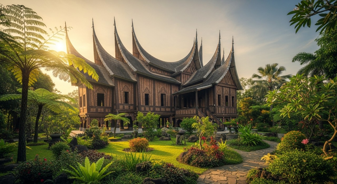 Seni bina rumah tradisional Minangkabau dengan bumbung melengkung tajam yang dikelilingi taman hijau.