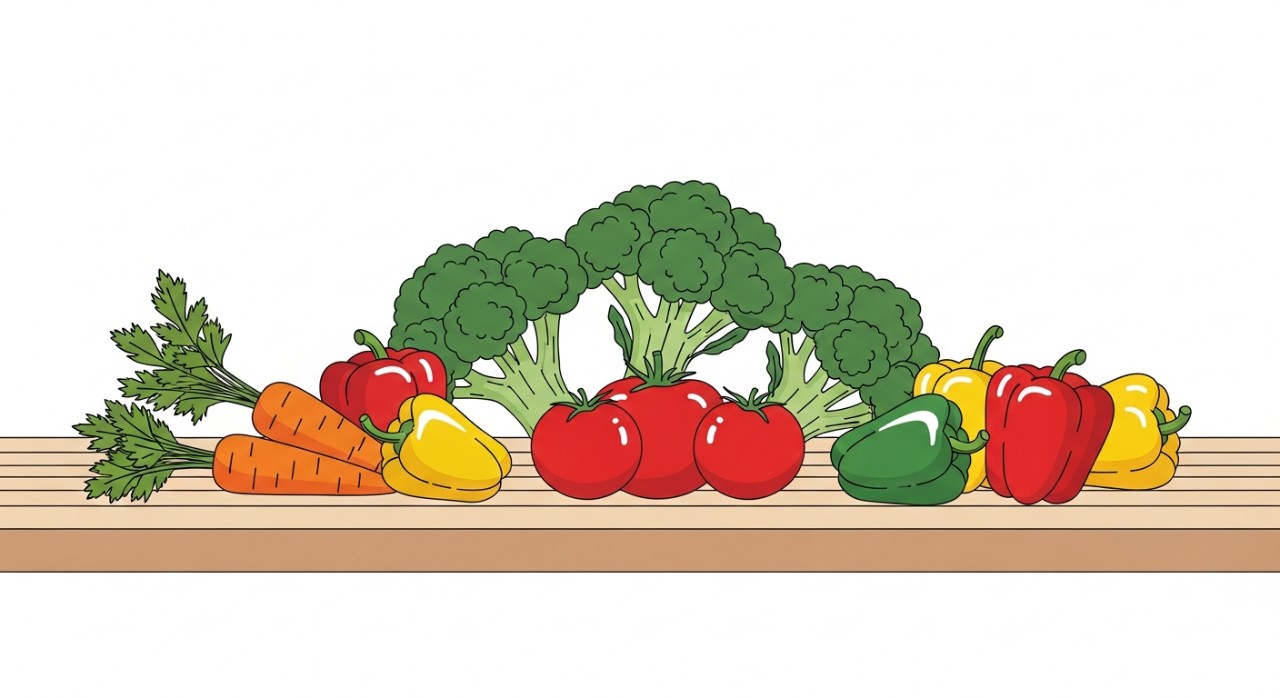 Pelbagai jenis sayur-sayuran segar yang disusun rapi di atas meja kayu.