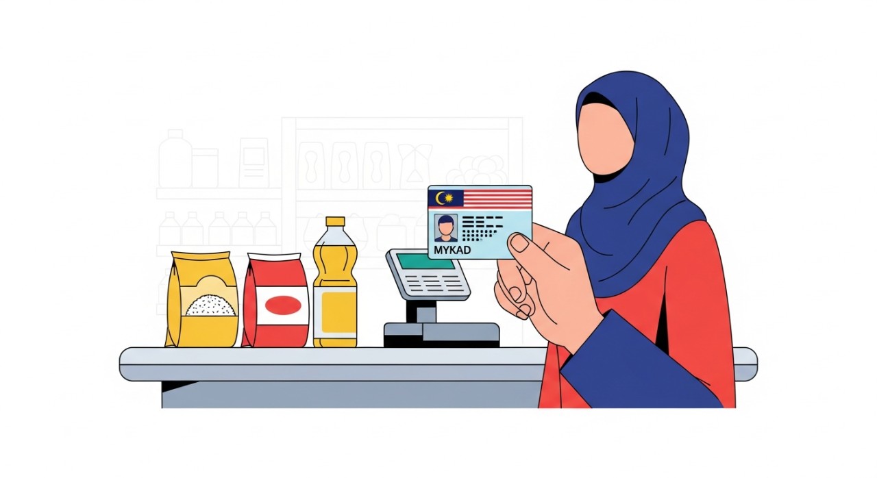 Seorang pelanggan sedang menunjukkan MyKad kepada juruwang di kaunter pembayaran pasar raya untuk membeli barangan dapur