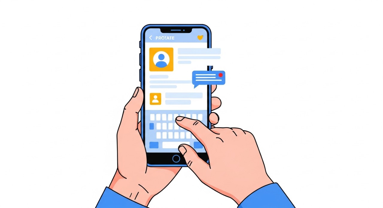 Seorang individu sedang menaip pada skrin telefon pintar untuk mengemas kini maklumat profil media sosial.