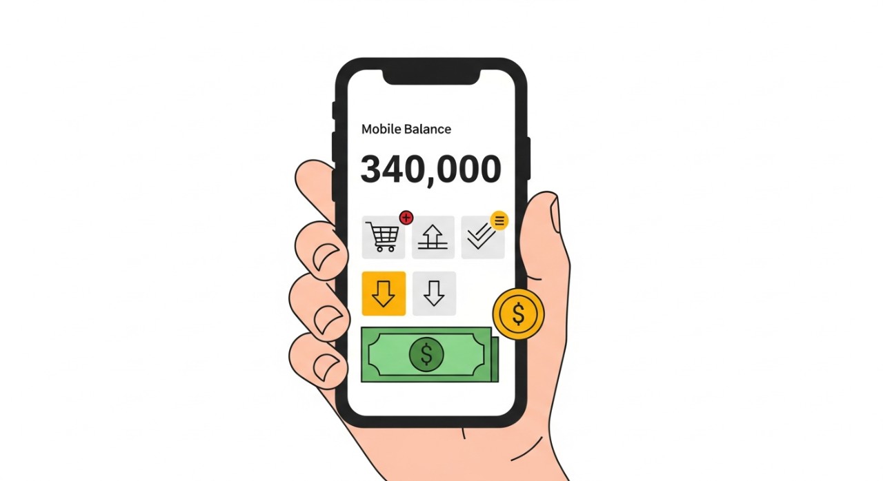 Seorang individu sedang menggunakan aplikasi e-dompet di telefon pintar untuk urusan bantuan kewangan