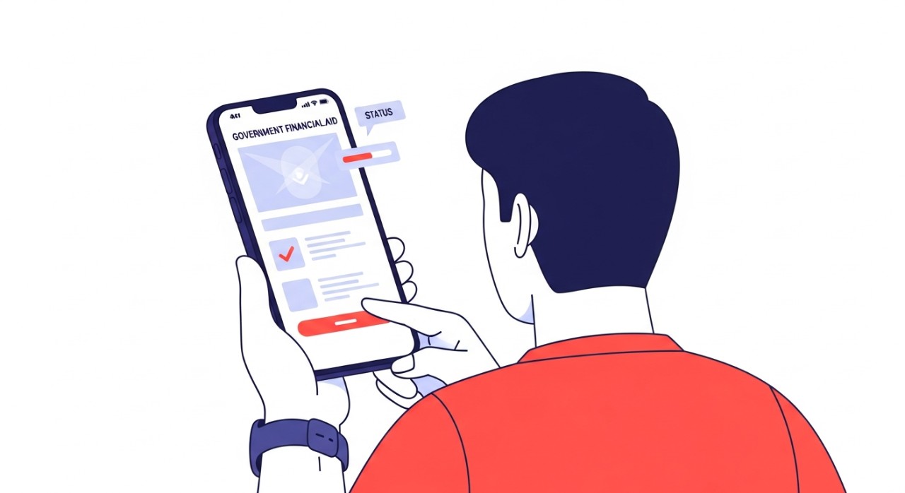Seseorang sedang menggunakan telefon pintar untuk menyemak status bantuan RM300 Sabah secara atas talian.