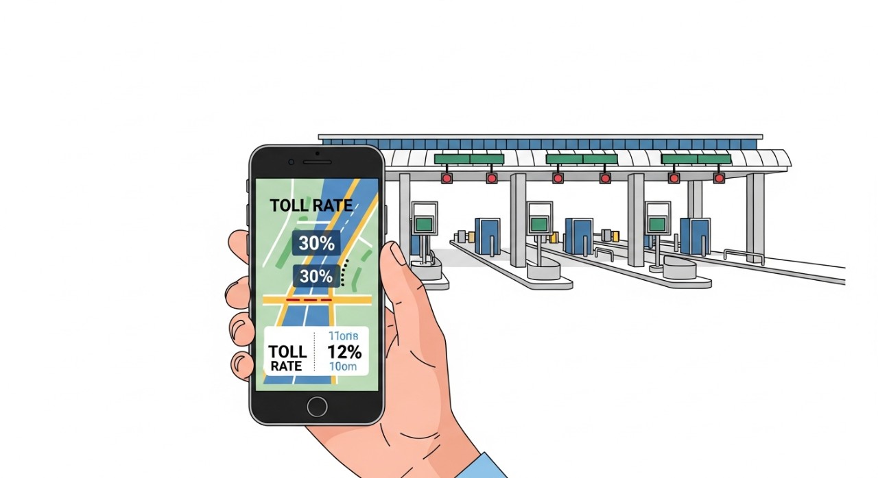 Seorang pemandu sedang menyemak harga tol menggunakan aplikasi di telefon pintar.