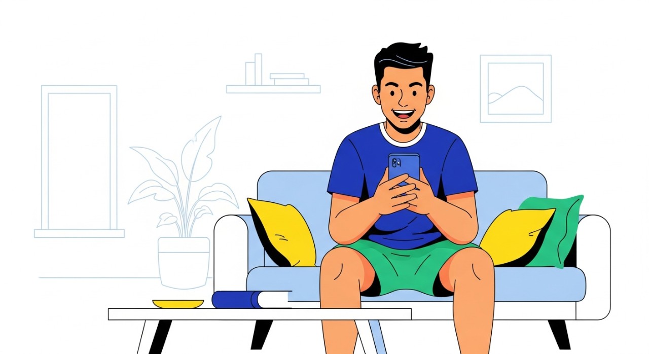 Seorang lelaki sedang melihat status bantuan tunai pada skrin telefon pintar