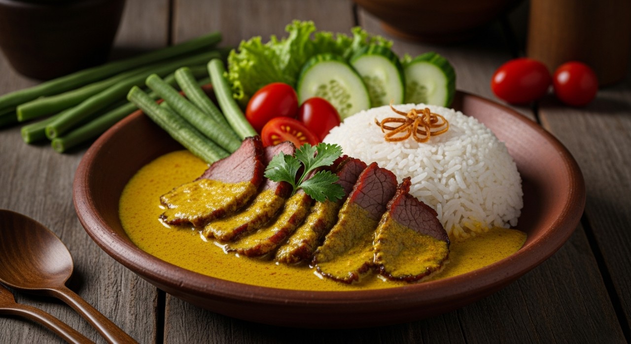 Hidangan gulai masak lemak cili api daging salai bersama nasi putih dan ulam-ulaman.