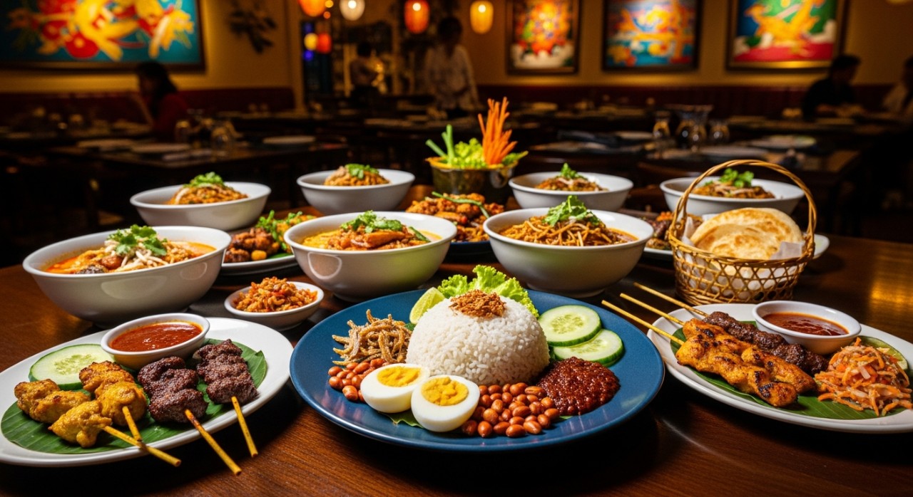 Pelbagai hidangan makanan tempatan yang disajikan di atas meja kayu dalam suasana restoran yang selesa.