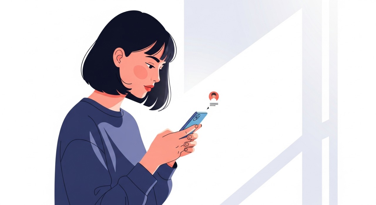 Seorang wanita muda sedang meneliti profil media sosial pada telefon pintar di dalam bilik yang terang.