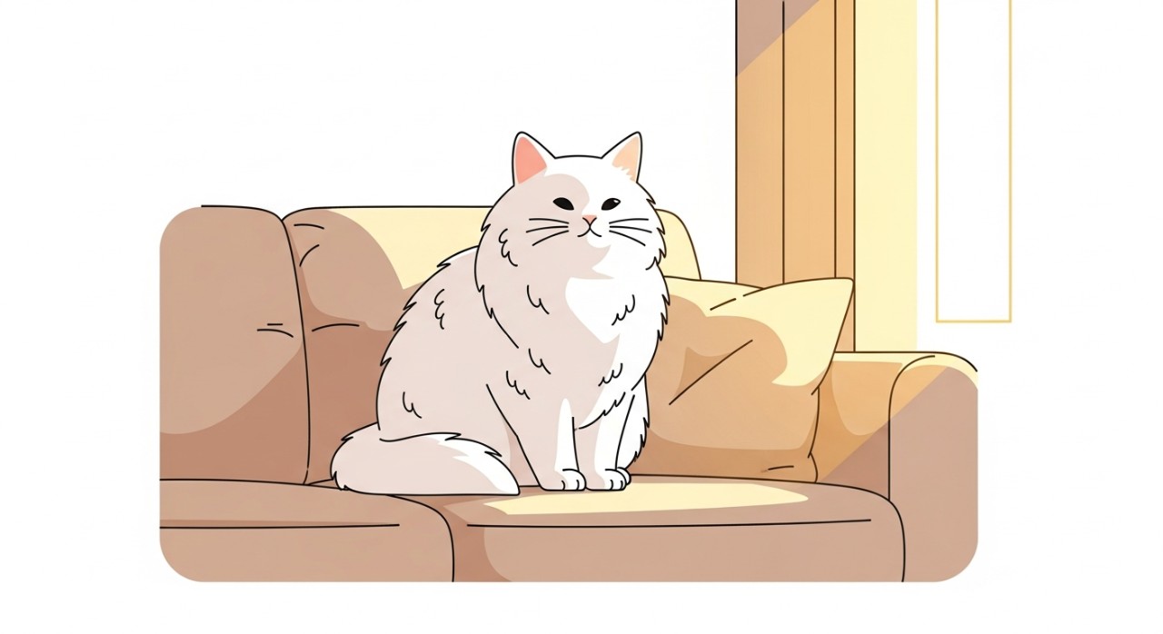Seekor kucing putih berbulu lebat sedang duduk dengan tenang di atas sofa yang selesa.