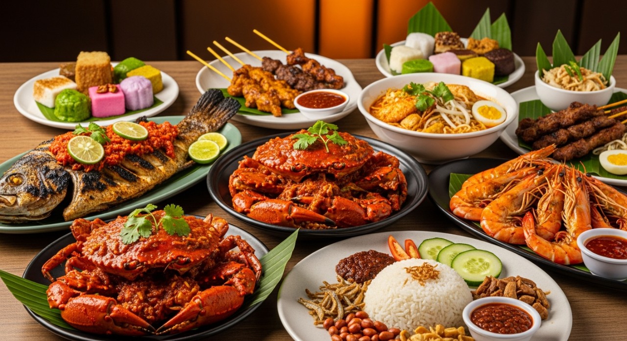 Sajian makanan laut dan masakan Melayu tradisional di atas meja makan.