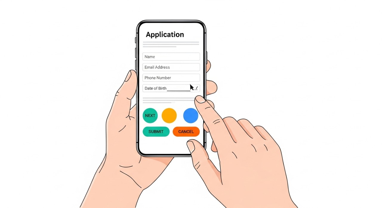 Seorang individu sedang mengisi maklumat peribadi pada borang digital di skrin telefon pintar.
