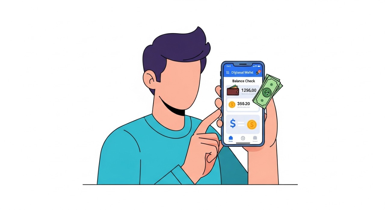 Seorang lelaki sedang menyemak baki kredit e-tunai melalui aplikasi telefon pintar.