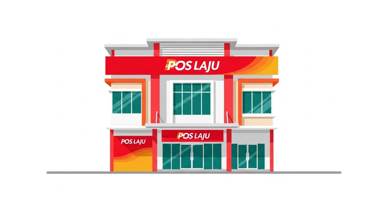 Papan tanda dan bahagian hadapan pejabat Pos Laju di Gua Musang.
