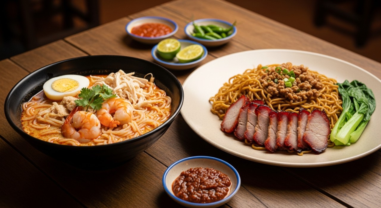 Sajian laksa sarawak dan mee kolok di atas meja sebuah restoran tempatan.
