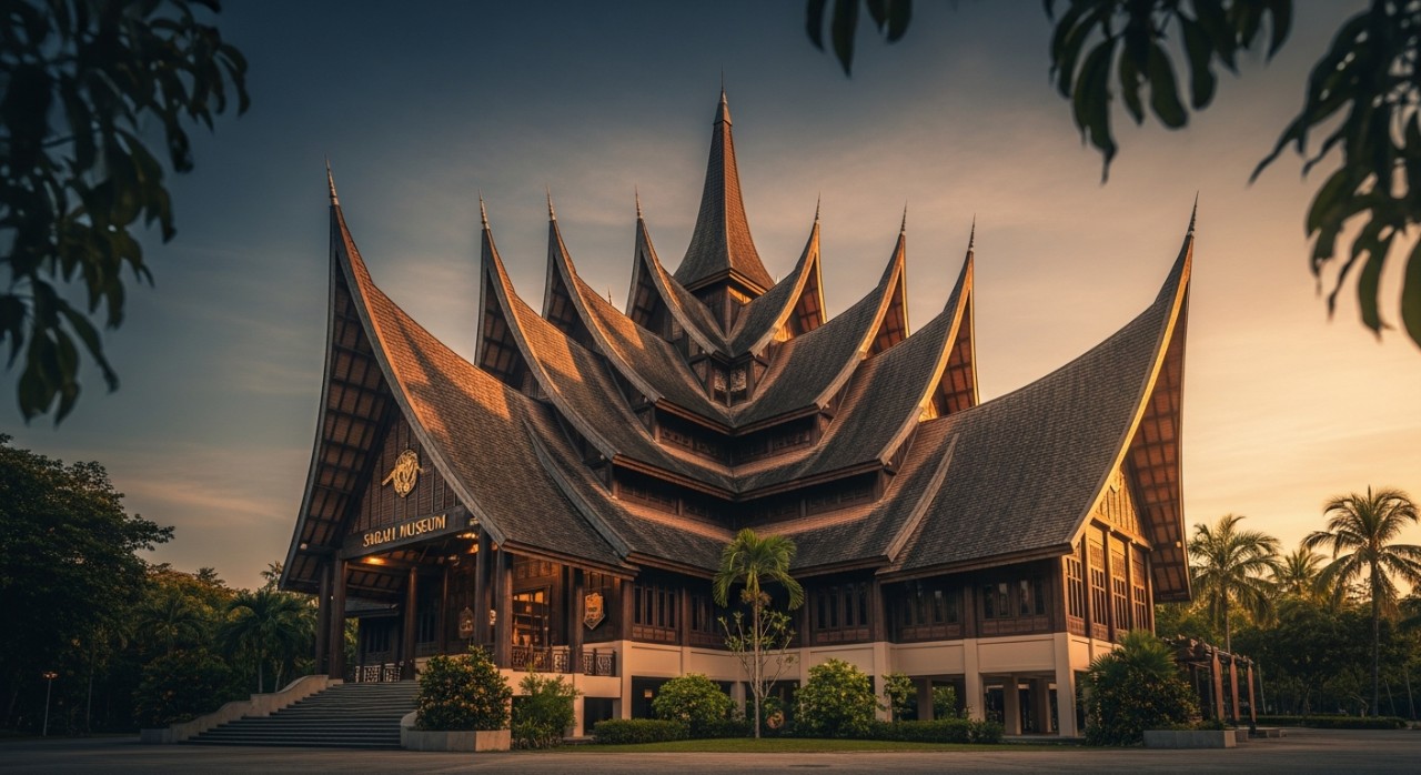 Seni bina unik bangunan utama Muzium Sabah yang berinspirasikan rumah panjang tradisional.
