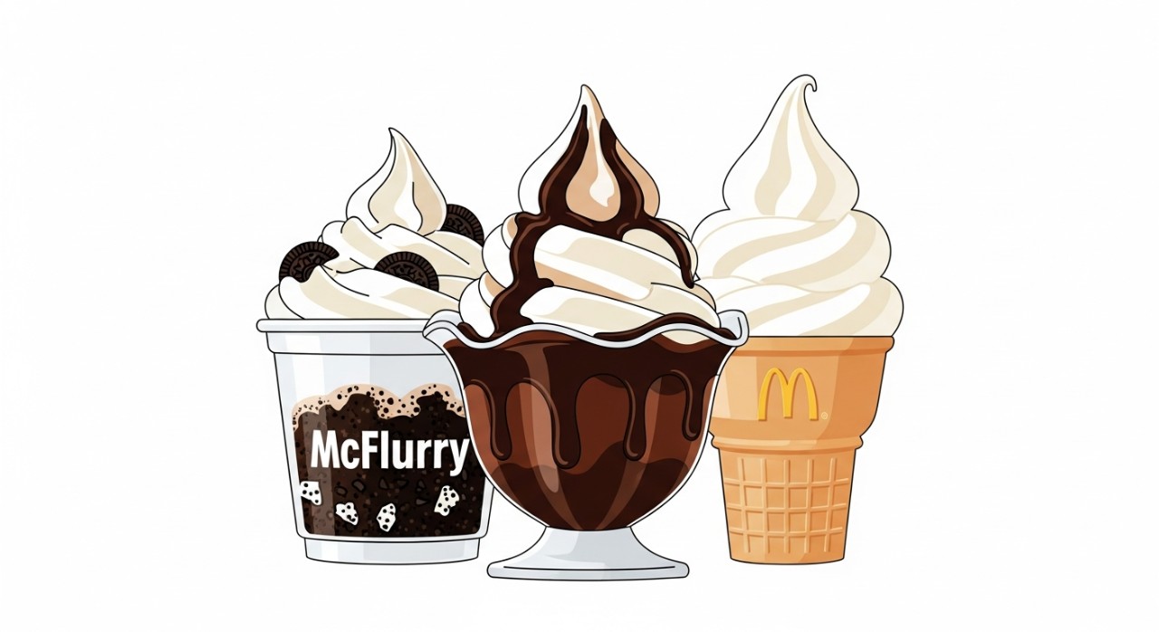 Beberapa jenis aiskrim McDonald's seperti McFlurry dan kon vanila di atas meja.