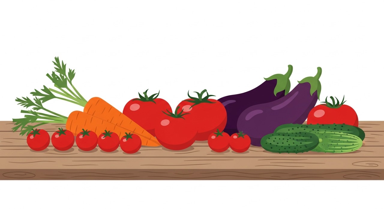 Pelbagai jenis sayur-sayuran segar seperti lobak merah, tomato, dan terung yang disusun rapi di atas meja kayu.