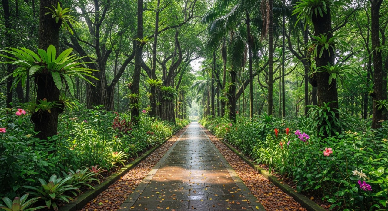 Laluan pejalan kaki yang tenang dikelilingi oleh pokok-pokok tropika yang rimbun di Taman Botani Penang.