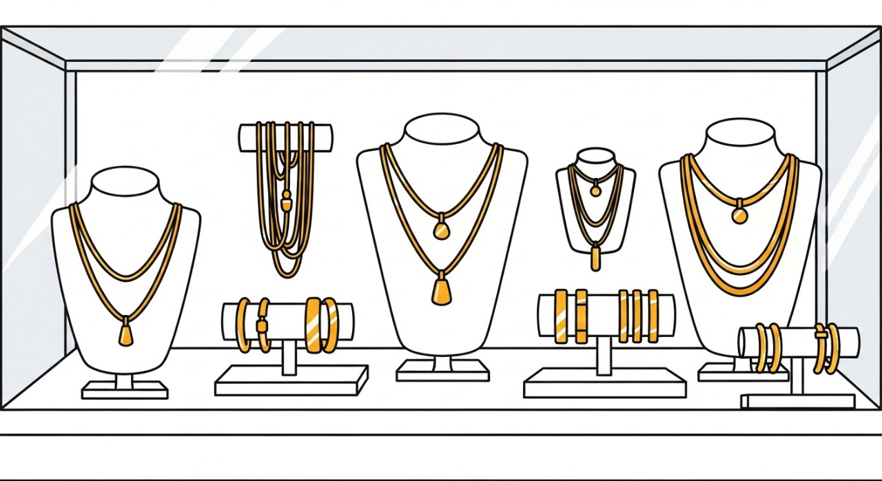Pelbagai koleksi rantai dan gelang emas yang dipamerkan di dalam almari kaca kedai emas.