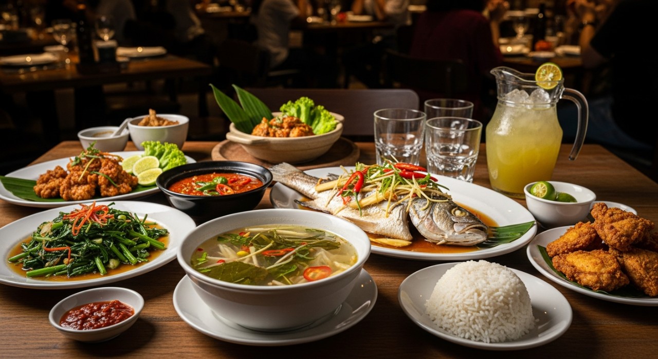 Pelbagai jenis hidangan makanan tempatan yang dihidangkan di atas meja di sebuah restoran popular di Klang.