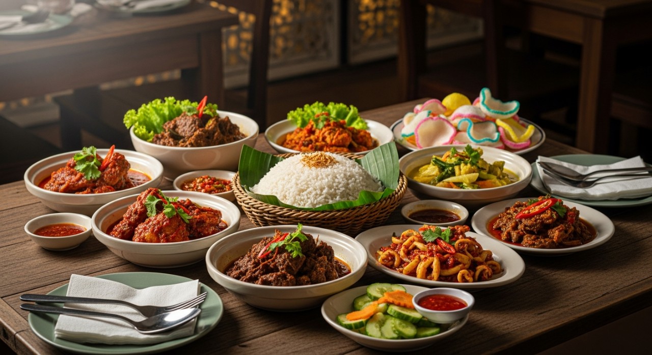 Pelbagai jenis lauk-pauk tradisional Melayu dihidangkan di atas meja kayu di sebuah restoran.