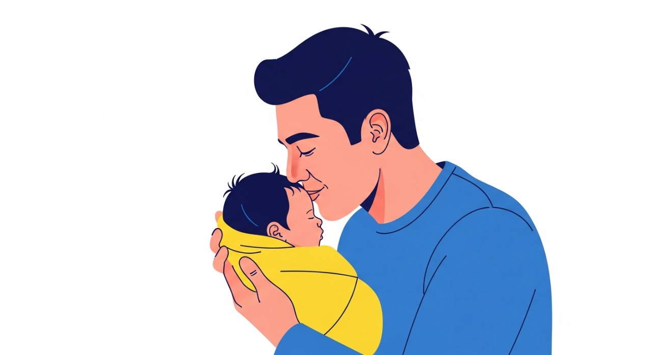 Seorang bapa sedang mencium dahi bayi lelaki yang baru lahir dengan penuh kasih sayang.