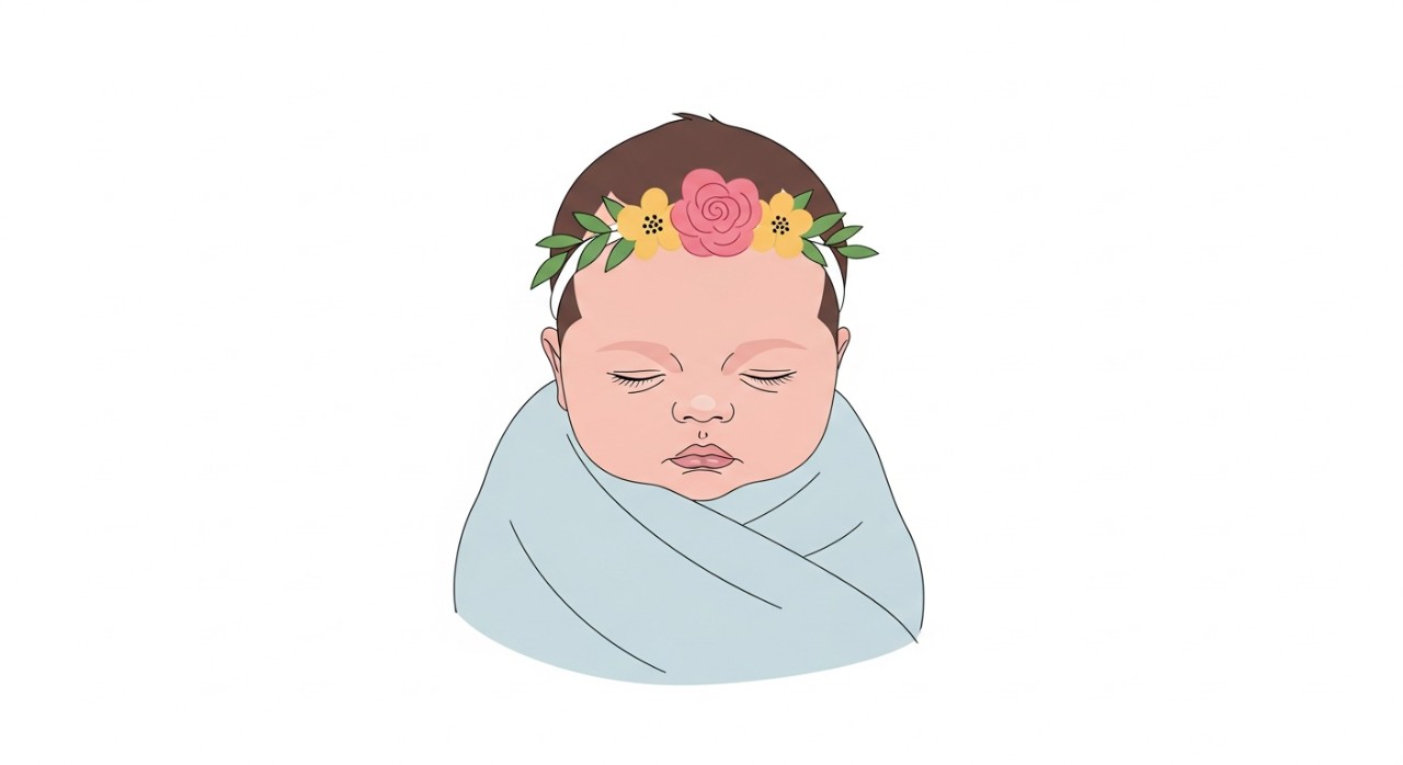 Seorang bayi perempuan yang sedang tidur dengan tenang memakai hiasan kepala bunga