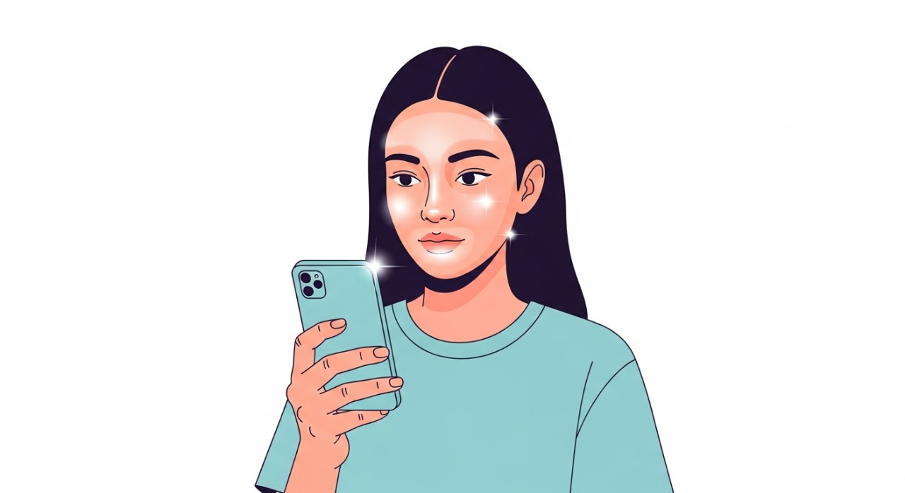 Seorang wanita muda memegang telefon pintar sambil menunjukkan kesan filter estetik pada wajahnya.