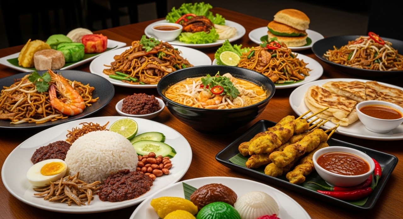 Pelbagai jenis makanan tempatan yang dihidangkan di atas meja sebuah restoran moden.