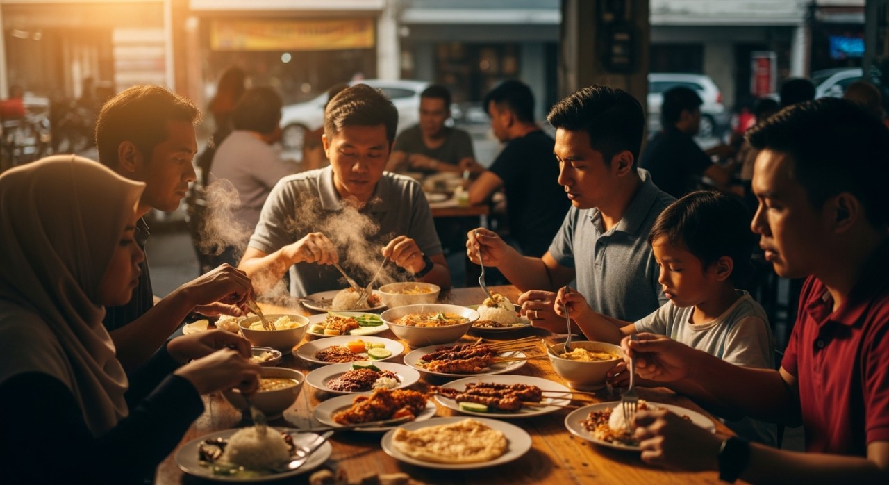 Sekumpulan pelanggan sedang menikmati pelbagai hidangan tempatan di sebuah restoran terbuka di Kampar.