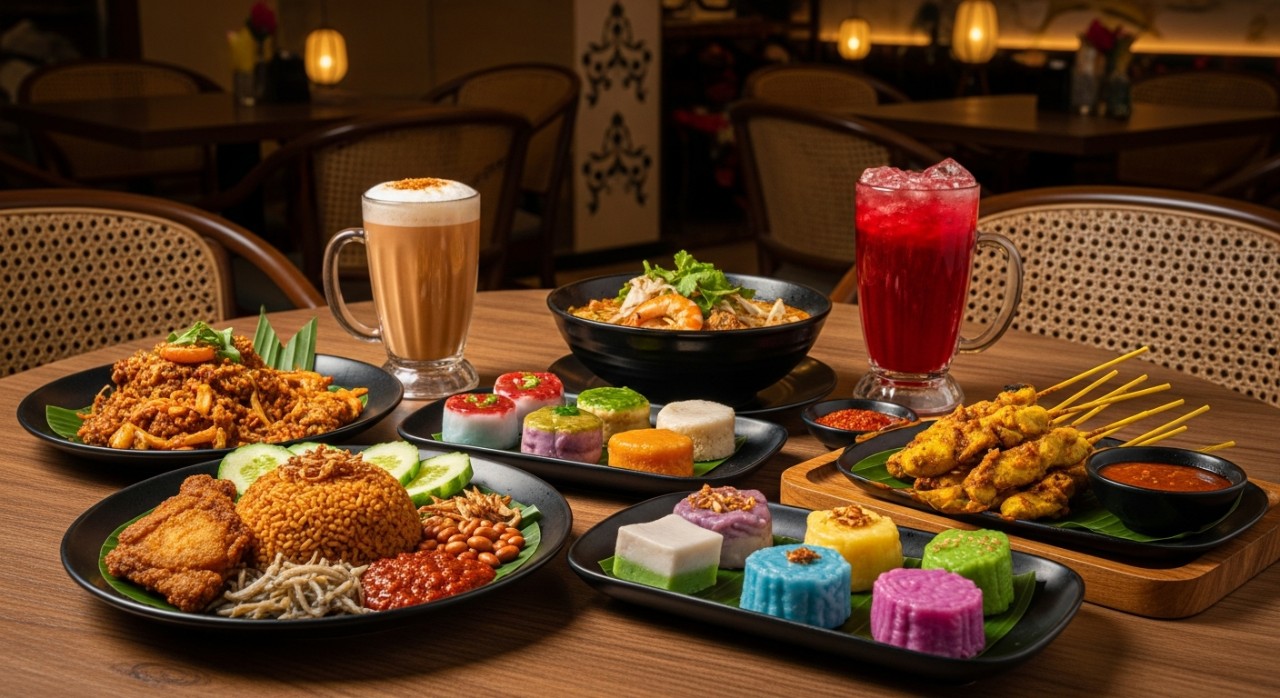 Pelbagai jenis hidangan makanan tempatan yang dihidangkan di atas meja kayu di sebuah restoran.
