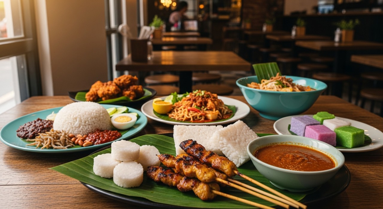 Pelbagai hidangan makanan tempatan yang menyelerakan di atas meja sebuah restoran yang ceria.