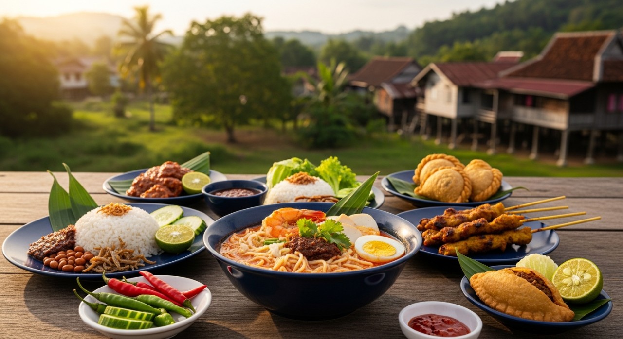 Semangkuk laksa utara dan pelbagai hidangan tempatan di atas meja kayu dengan latar belakang kampung yang hijau.