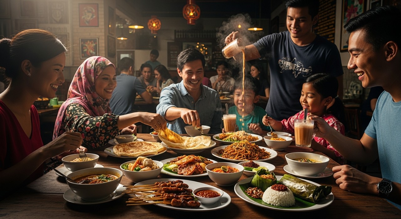 Sekumpulan pelanggan sedang menikmati pelbagai hidangan di sebuah restoran di Gelugor