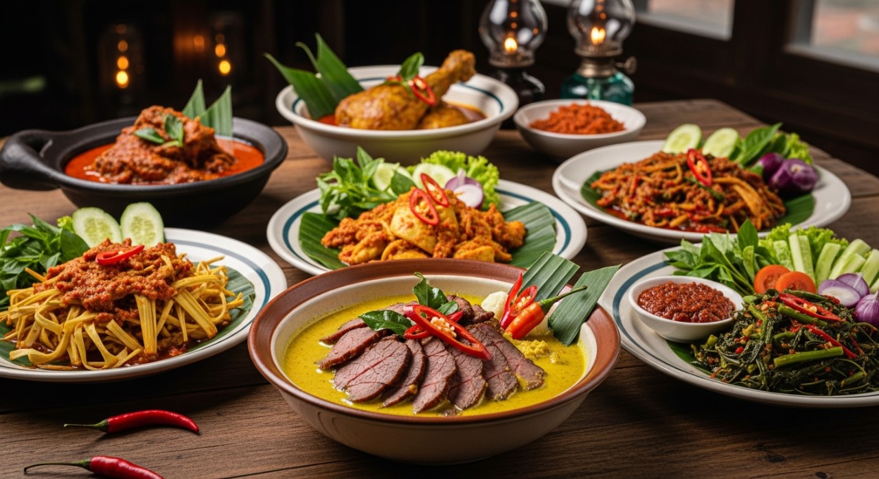 Hidangan nasi putih bersama lauk pauk tradisional Negeri Sembilan di atas meja kayu sebuah restoran.