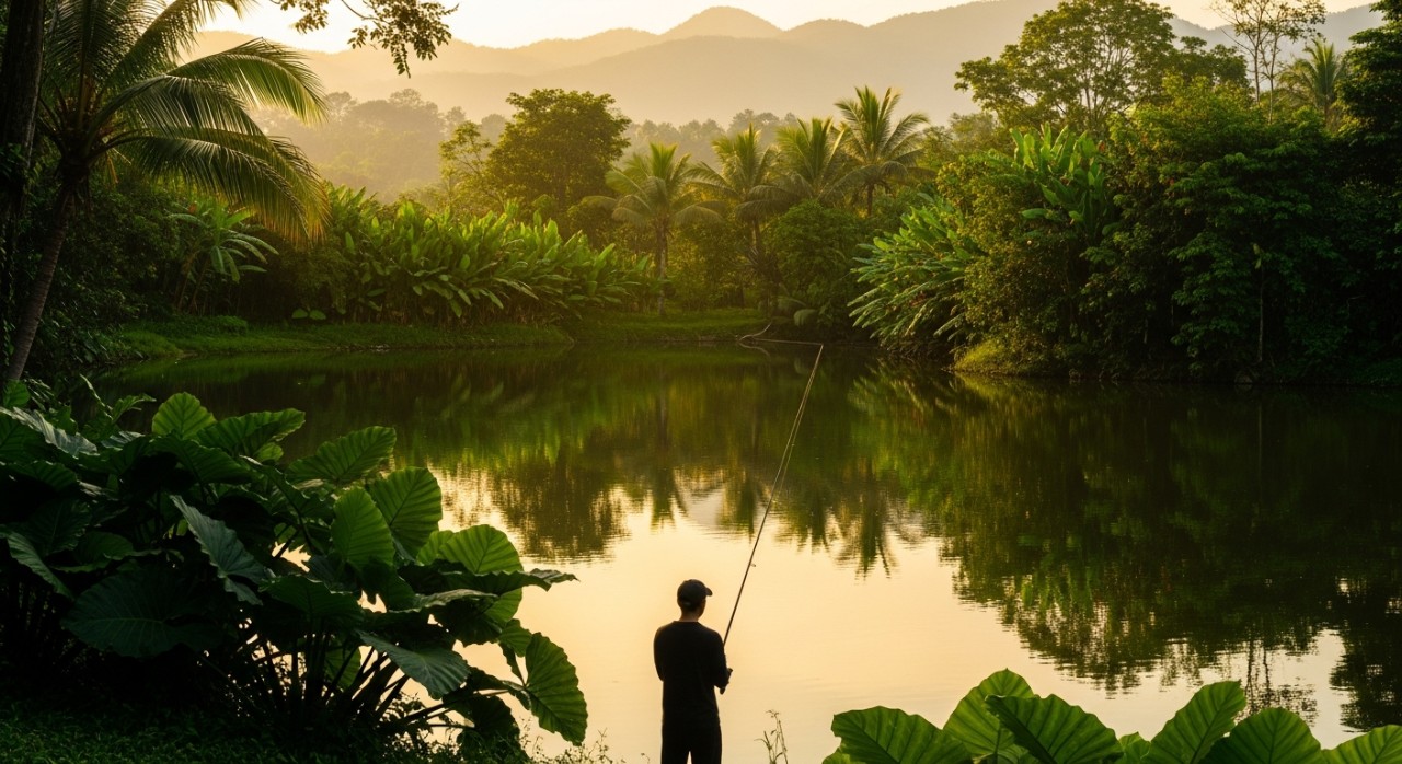 Seorang lelaki sedang memancing ikan di tepi tasik yang dikelilingi oleh tumbuh-tumbuhan hijau.