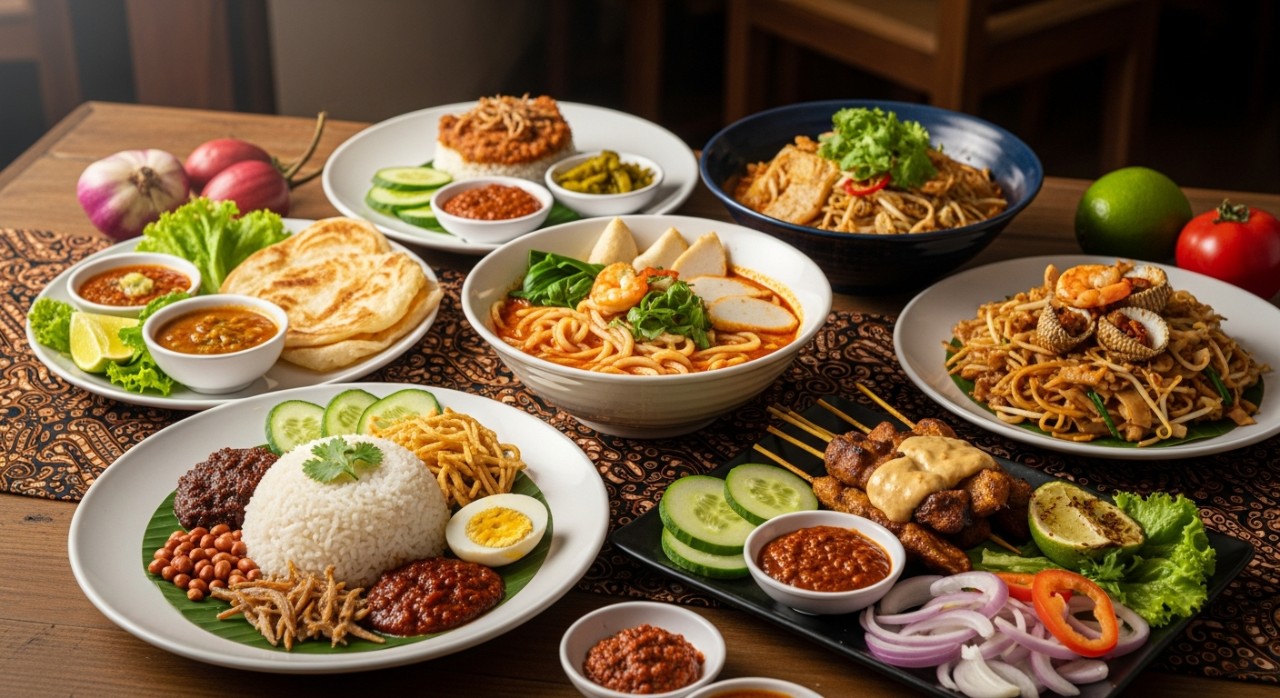 Pelbagai hidangan makanan tempatan yang menyelerakan di atas meja sebuah restoran.
