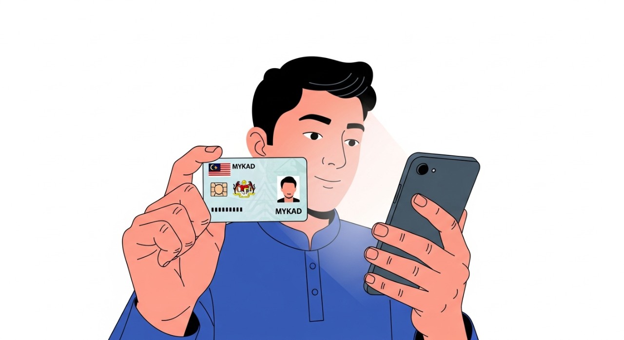 Seorang individu sedang memegang kad pengenalan MyKad sambil melihat paparan skrin telefon pintar