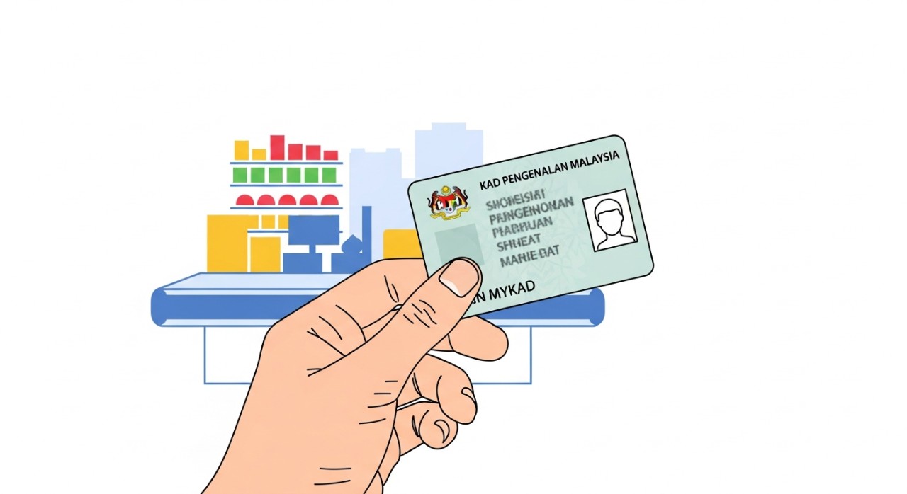 Seorang individu sedang memegang kad pengenalan MyKad di hadapan kaunter kedai runcit.
