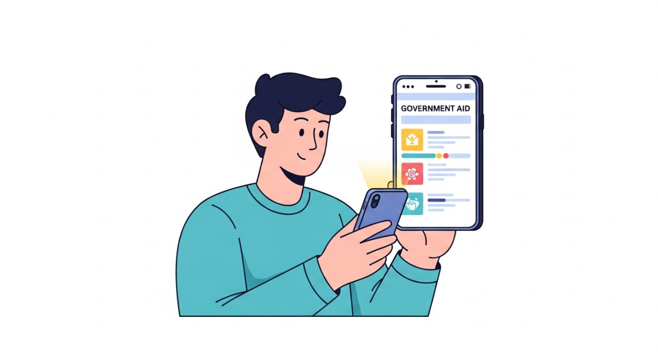 Seorang lelaki sedang melihat maklumat bantuan kewangan pada skrin telefon pintar.