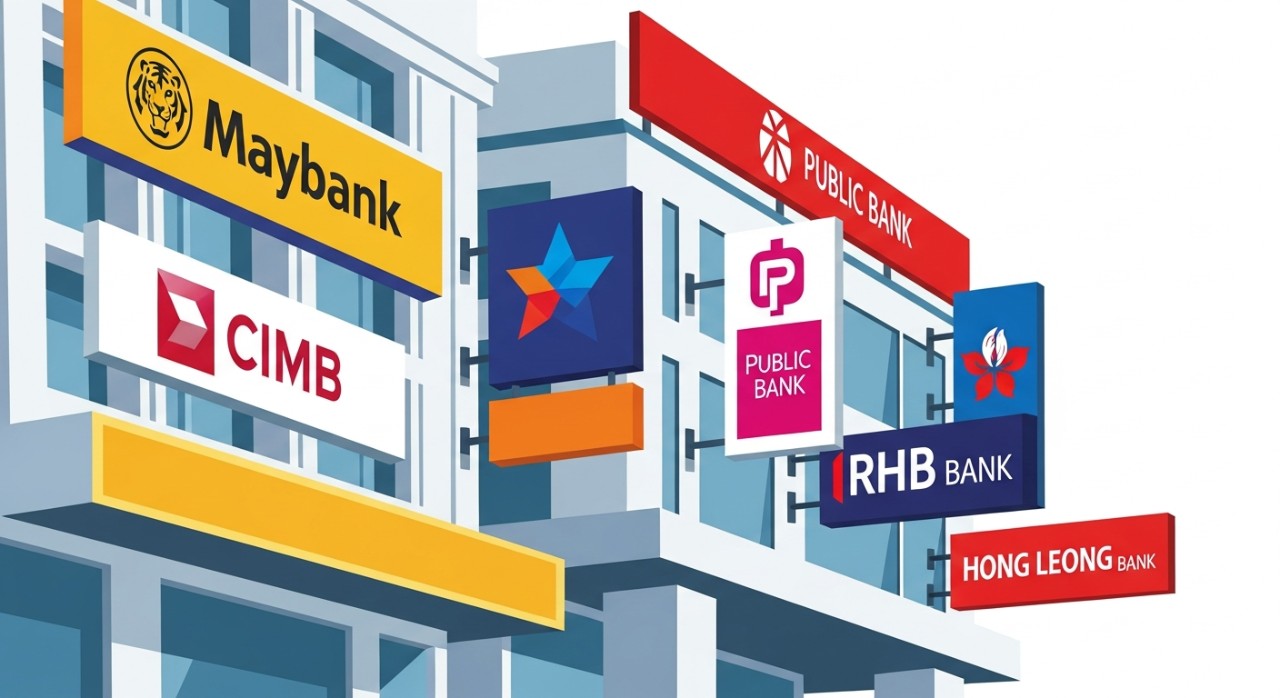 Papan tanda beberapa bank di kawasan perniagaan Kuala Lumpur.