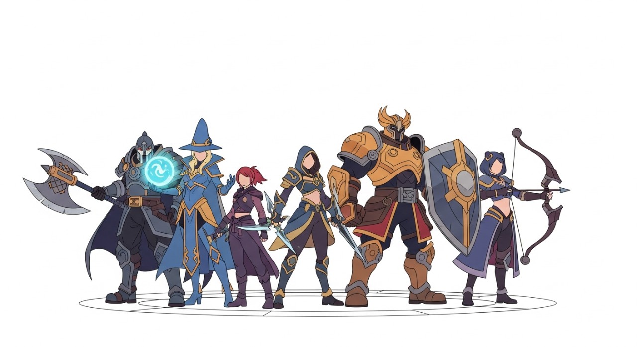 Sekumpulan wira Mobile Legends berdiri bersama dengan senjata mereka di medan tempur