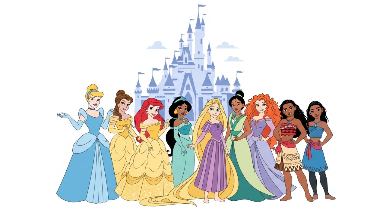 Sekumpulan puteri Disney memakai gaun ikonik sedang berdiri bersama di hadapan sebuah istana yang megah.